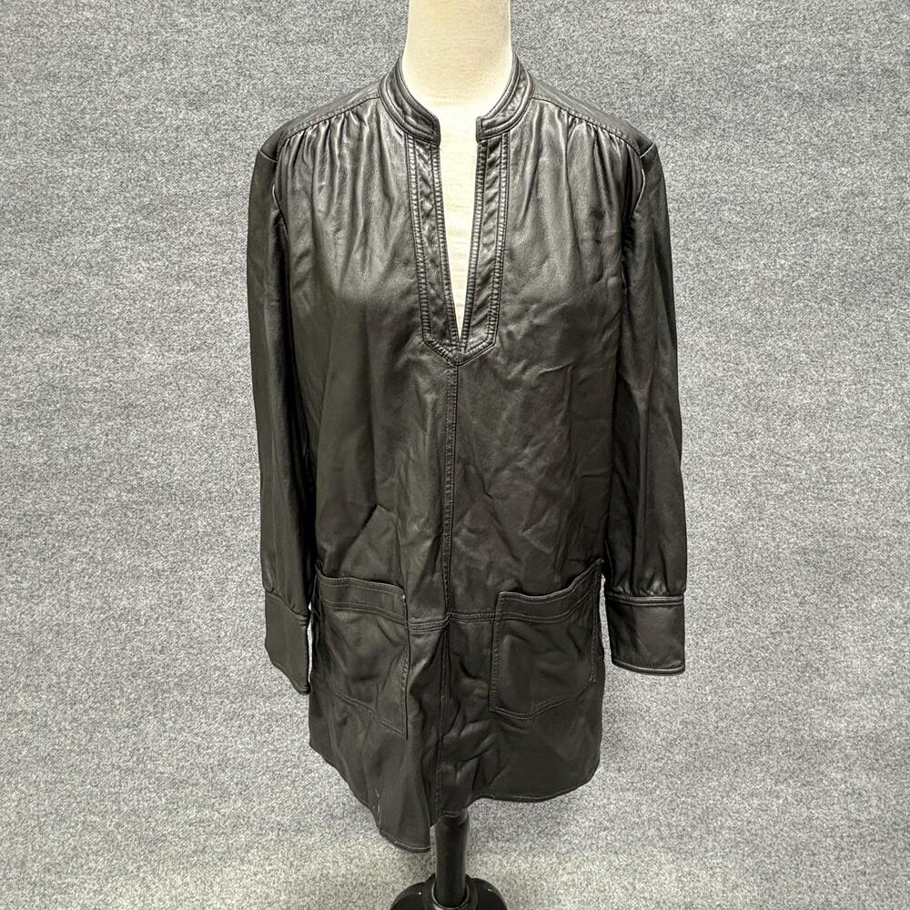 Rebecca Taylor Coat Womens Large Black Faux Leather Open Front Pockets Tunic